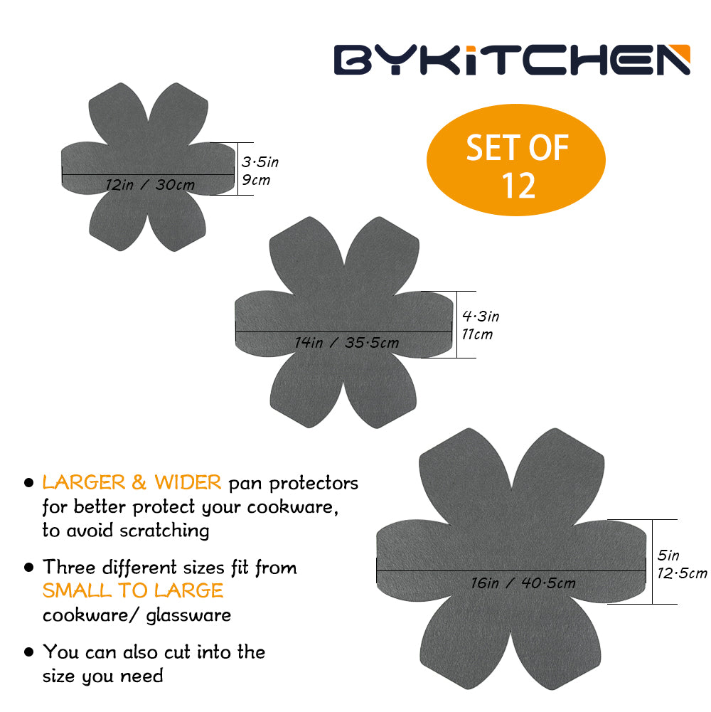 BYKITCHEN Larger & Thicker Pan Pot Protectors, Set of 12 and 3 Different Sizes, Felt Pan Separators, Gray Pot Dividers Protectors for Stacking and Protecting Your Cookware