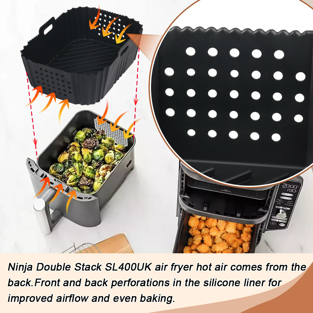 BYKITCHEN Silicone Air Fryer Liner for Ninja Double Stack Air Fryer XL SL400UK, Perforated 2PCS Air Fryer Liners, Air Fryer Accessories for Ninja Double Stack 9.5L Vertical Dual Drawer Air Fryer