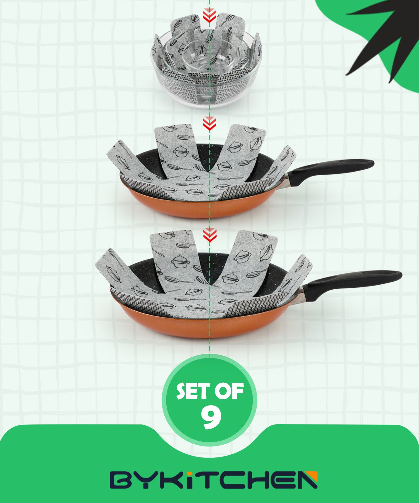 BYKITCHEN Pot and Pan Protectors for Stacking, Set of 9 & 3 Sizes, Felt Pan Separators Dividers Pads for Space Saving, Pot Protectors for Stacking and Protecting Your Cookware