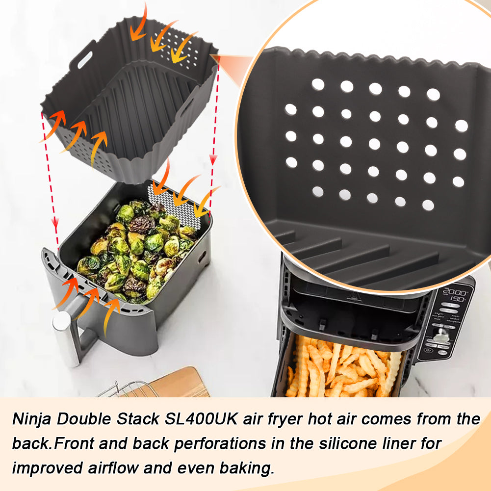 BYKITCHEN Air Fryer Silicone Liner for Ninja Double Stack XL 9.5L SL400UK, Perforated Air Fryer Liners Reusable, Air Fryer Accessories for Ninja Double Stack Vertical Dual Drawer Airfryer (2 PCS)