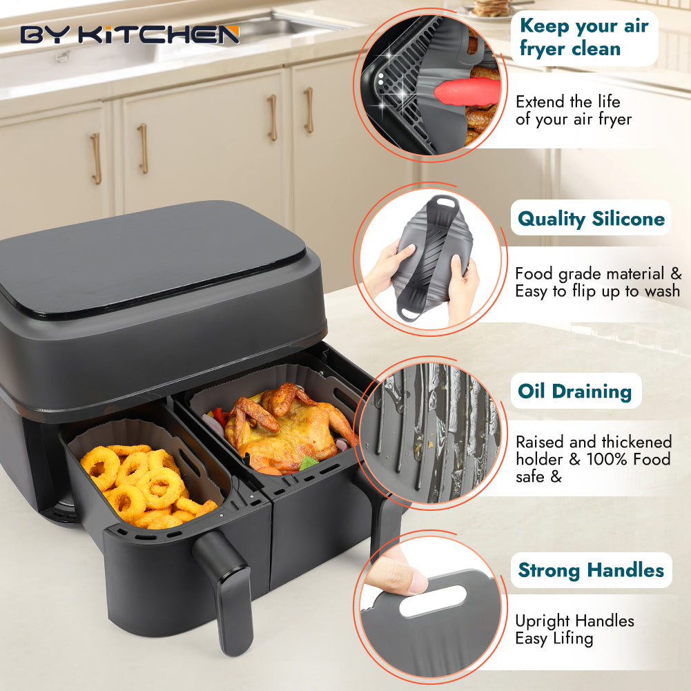 BYKITCHEN Silicone Air Fryer Liners for Phillips, 2PCS Air Fryer Accessories for Philips Dual Basket 3000 Series 9L (3L & 6L) / Tefal/Cookwise 2 Drawer Airfryer