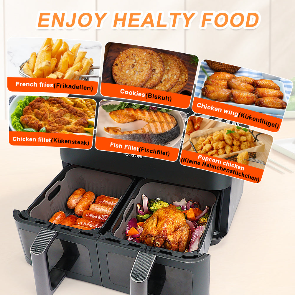 BYKITCHEN 2PCS Silicone Air Fryer Liners for COSORI Dual Air Fryer 8.5L, Preminum Thick 2.5mm, Large Airfryer Silicone Liners, Heat-Resistant Non-Stick Accessories for COSORI CAF-R901 Dual Basket