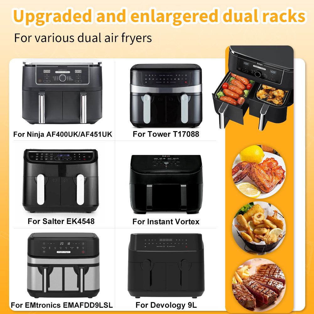 BYKITCHEN Large 4 Layers Air Fryer Racks, 304 Stainless Steel Rack with Clip, Air Fryer Accessories for Ninja Dual AF400UK/AF451UK 9.5L/Tower/Instant Vortex/EMtronics Double Drawer Fryers