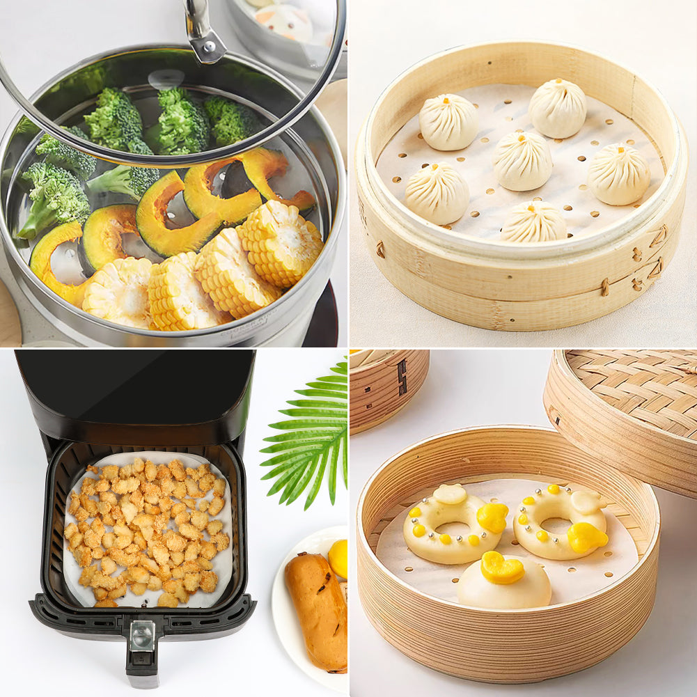 Air Fryer Parchment Paper, Set of 100, 10 inch Air Fryer Liner/Bamboo Steamer Liners/Perforated Parchment Paper for Air Fryer, Steaming Basket and More