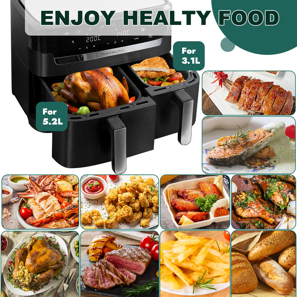 BYKITCHEN Air Fryer Silicone Liner for Tefal 5.2L & 3.1L Dual, Tower T17099 5.2L/3.3L, Lakeland 5L/3L, Salter 5.5L/3.5L, Air Fryer Accessories for 2 Drawer Basket