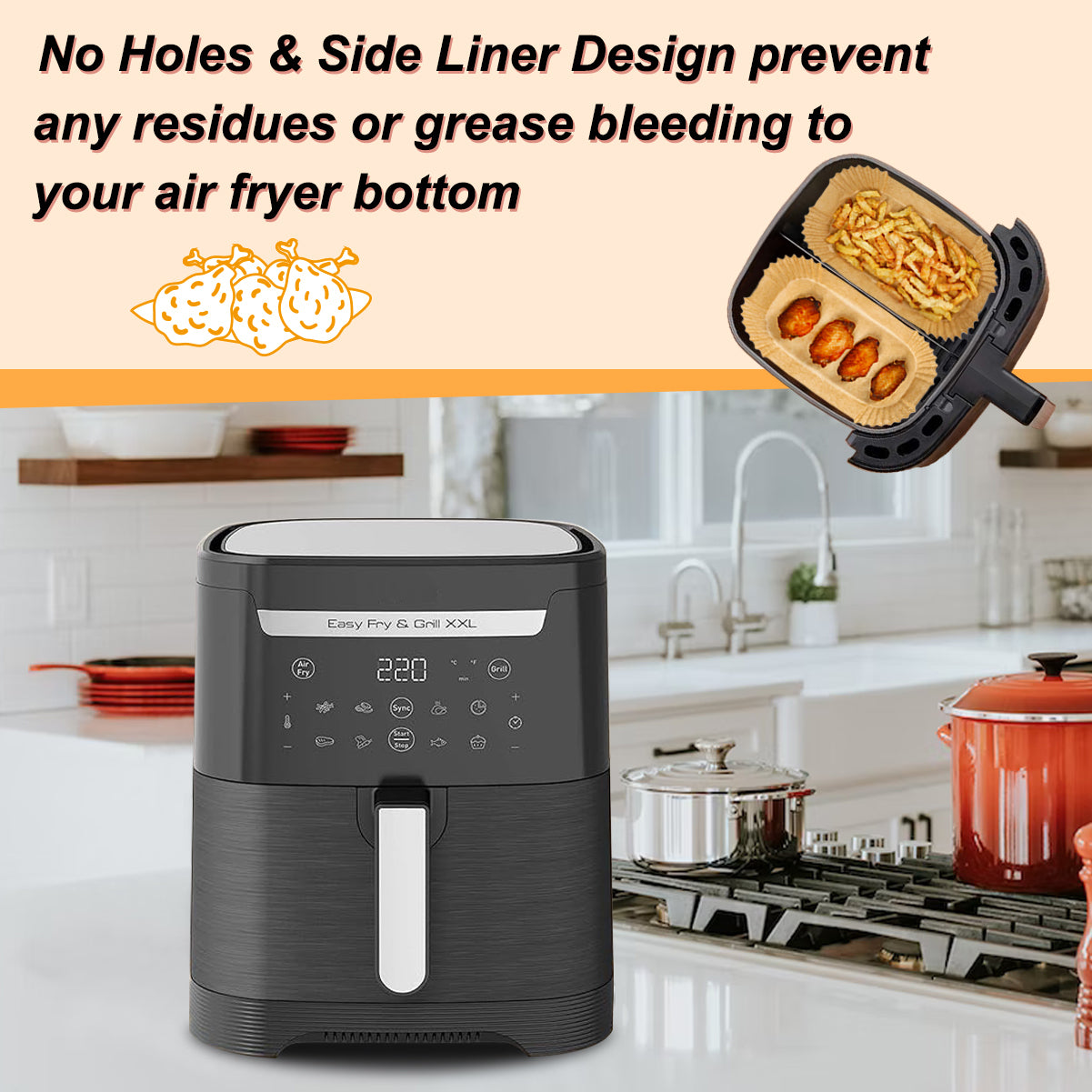 BYKITCHEN Air Fryer Liners for Tefal Easy Fry 3.25L x2 Dual Air Fryer, Paper Liners Disposable, Air Fryer Accessories for Tefal Flexi Drawer Air Fryer EY801827, for Small 2 Drawer(100PCS)
