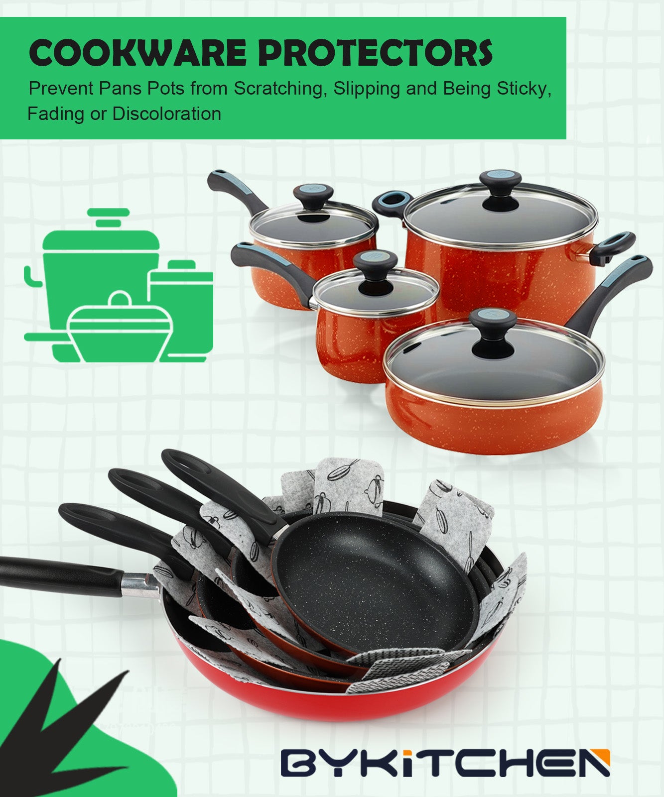 BYKITCHEN Pot and Pan Protectors for Stacking, Set of 9 & 3 Sizes, Felt Pan Separators Dividers Pads for Space Saving, Pot Protectors for Stacking and Protecting Your Cookware