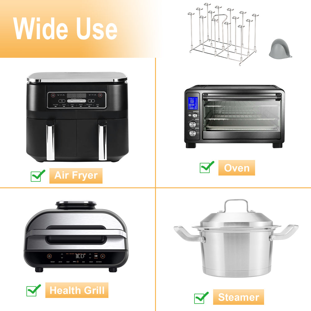 BYKITCHEN Skewer Stand for Ninja Dual Air Fryer, Stainless Steel Kebab Rack, Accessories for Ninja AF300UK/AF400UK/AF451UK/AF500UK,Also Compatible with Salter/Instant/EMtronics 9L Double Drawer Fryer