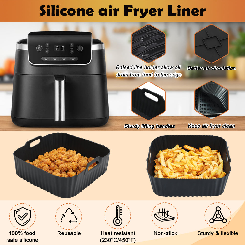 BYKITCHEN Silicone Air fryer Liner for Ninja Airfryer PRO 4.7L/Cosori 5.5L, 2PCS Airfryer Silicone Liners Square, Air Fryer Accessories for COSORI,Ninja Speedi 5.7L Air Fryer (Black)