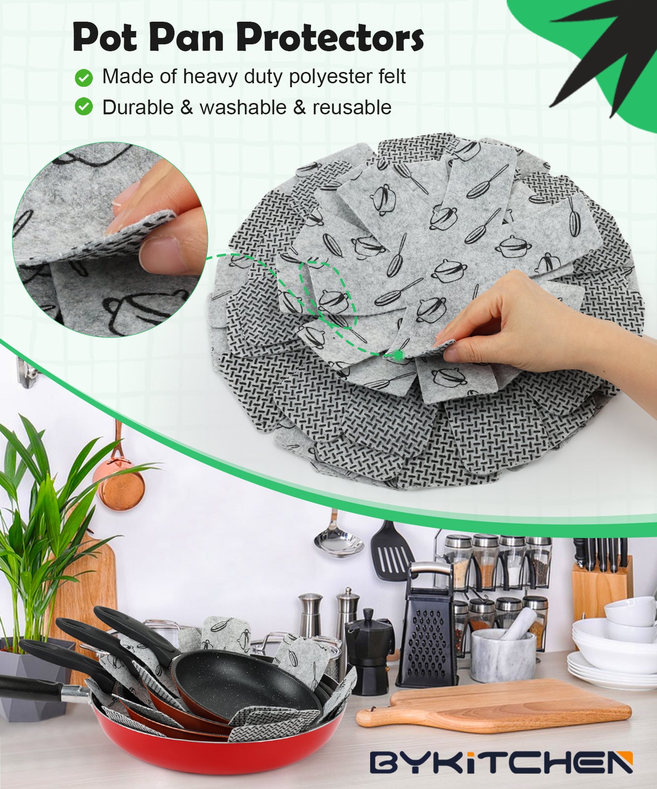 BYKITCHEN Pot and Pan Protectors for Stacking, Set of 9 & 3 Sizes, Felt Pan Separators Dividers Pads for Space Saving, Pot Protectors for Stacking and Protecting Your Cookware