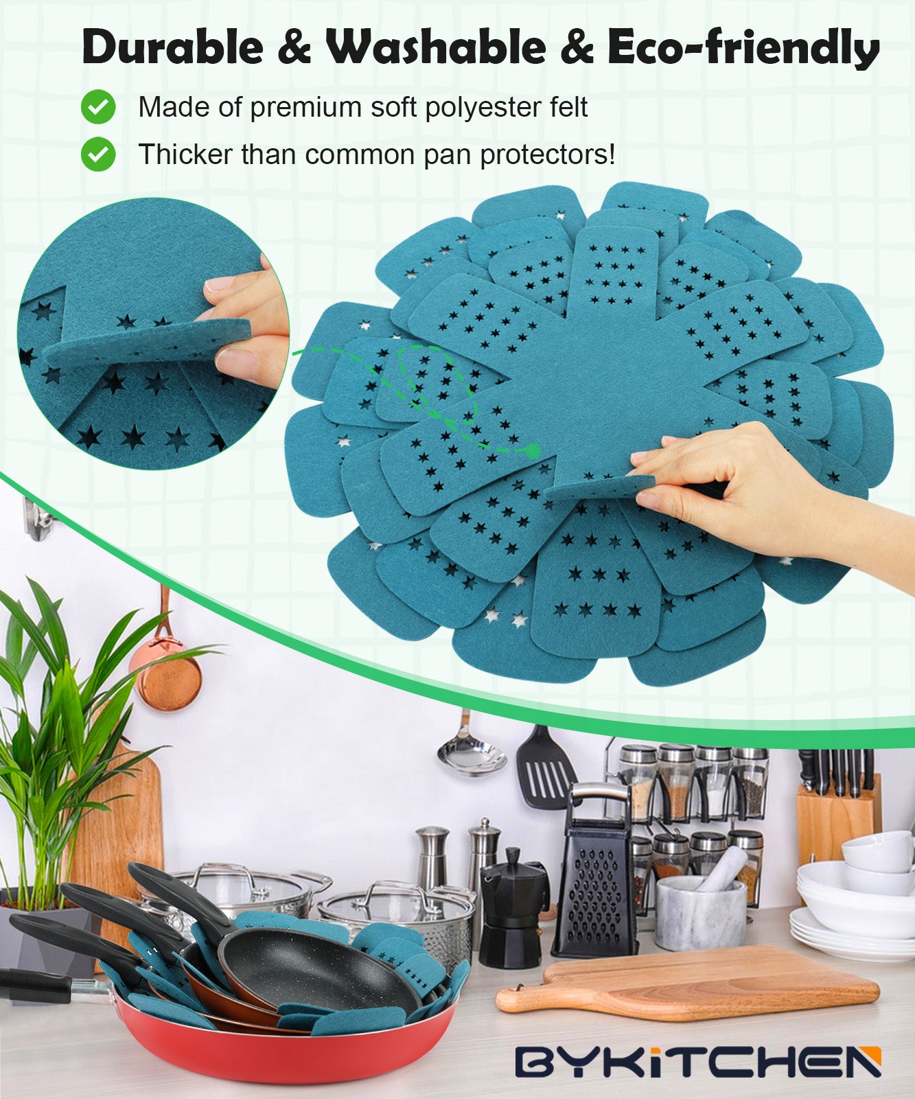 BYKITCHEN Pan Protectors for Stacking, Pan Pot Separators Pads with Stars, Felt Pot Divider Protectors for Stacking and Protecting Your Cookware(6pcs & 3 Sizes)