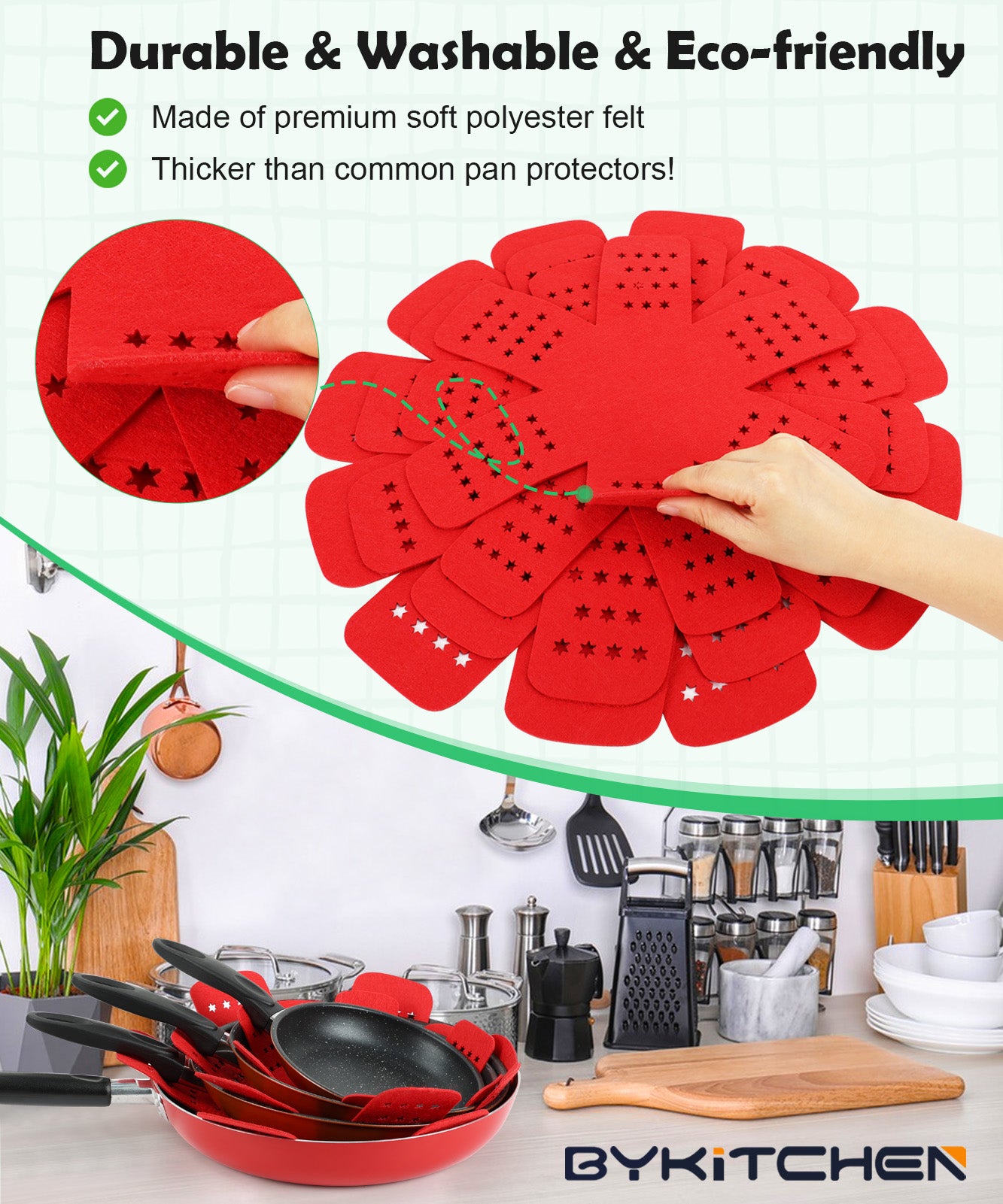 BYKITCHEN Pan Protectors for Stacking, Pot and Pan Separators Pads with Stars, Pot Protectors for Stacking and Protecting Your Cookware(6pcs & 3 Sizes)