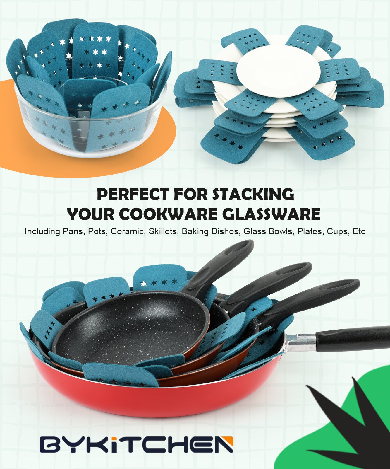 BYKITCHEN Pan Protectors for Stacking, Pan Pot Separators Pads with Stars, Felt Pot Divider Protectors for Stacking and Protecting Your Cookware(6pcs & 3 Sizes)