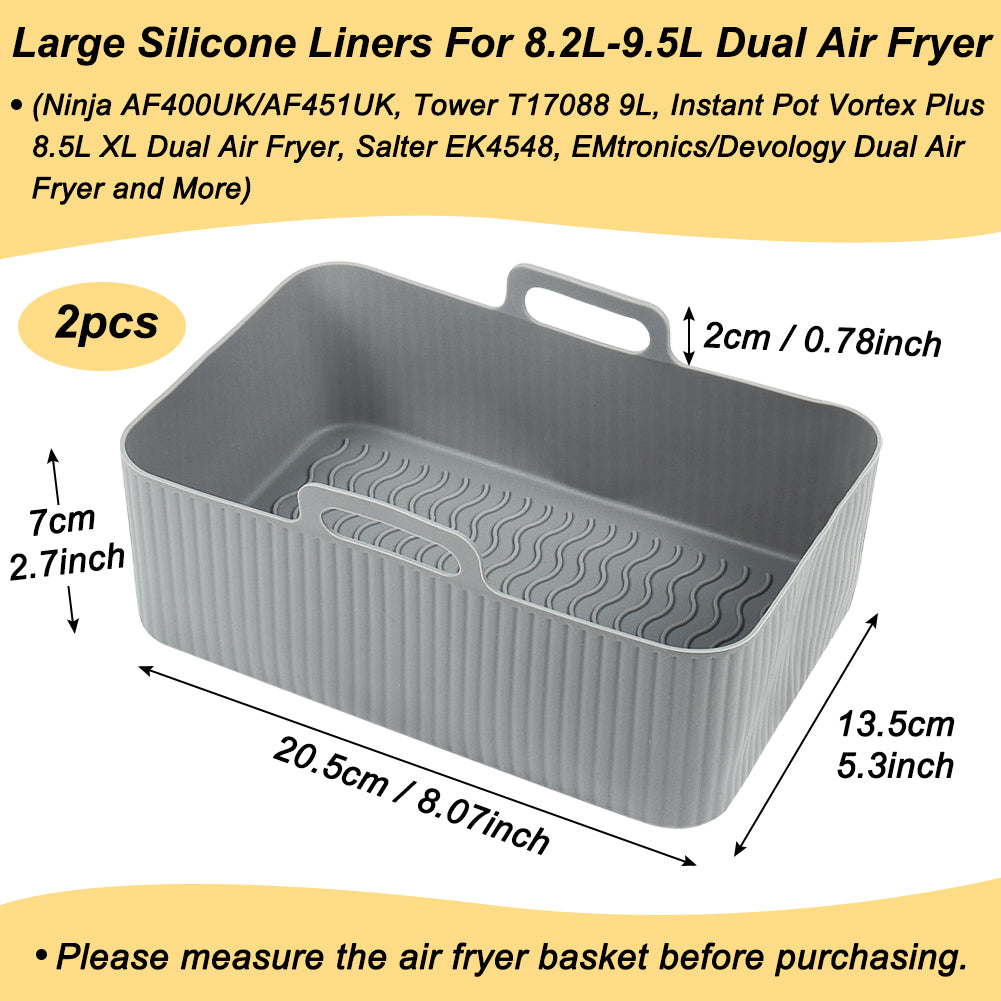 BYKITCHEN Silicone Air Fryer Liners for Ninja AF451UK/AF400UK 9.5L, Large Air Fryer Accessories for Tower T17088 9L / Instant Vortex Plus 8.5L/ Salter/EMtronics & Other Dual Air Fryer (2Pcs, Gray)