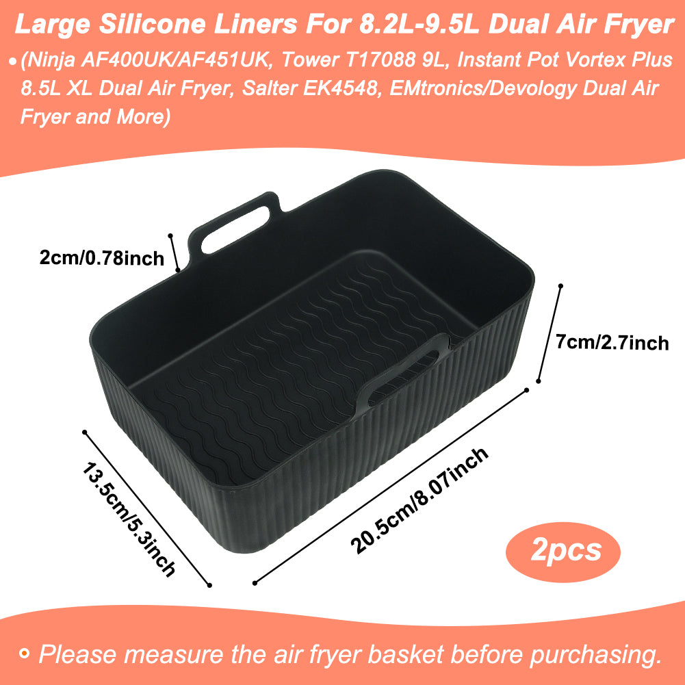 BYKITCHEN Silicone Air Fryer Liners for Ninja Dual 9.5L/Tower 9L/Instant Vortex/Salter, Large Air Fryer Accessories for Ninja AF451UK/AF400UK/EMtronics/Devology & Other 2 Drawer Air Fryer