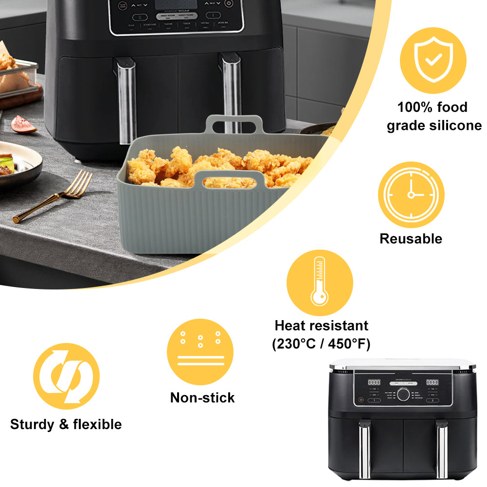 BYKITCHEN Silicone Air Fryer Liners for Ninja AF451UK/AF400UK 9.5L, Large Air Fryer Accessories for Tower T17088 9L / Instant Vortex Plus 8.5L/ Salter/EMtronics & Other Dual Air Fryer (2Pcs, Gray)