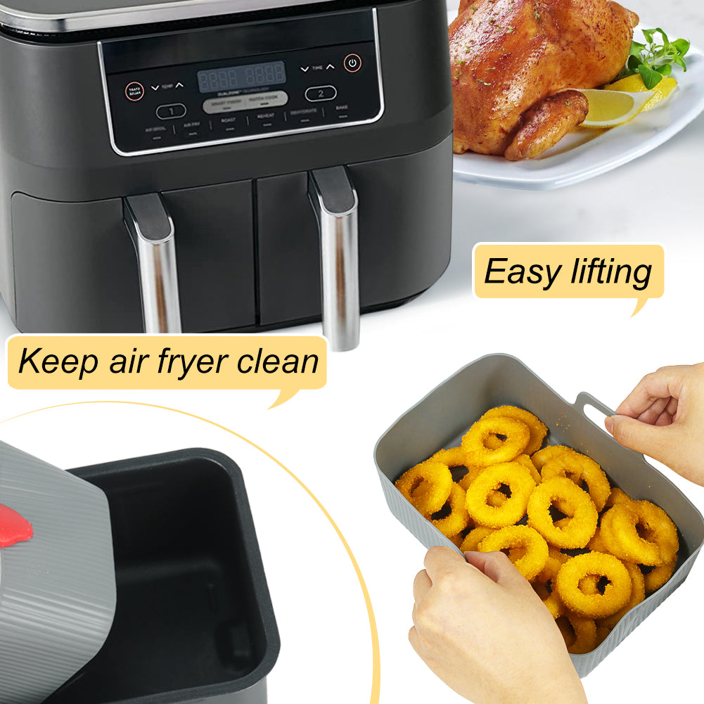 BYKITCHEN Silicone Air Fryer Liners for Ninja AF451UK/AF400UK 9.5L, Large Air Fryer Accessories for Tower T17088 9L / Instant Vortex Plus 8.5L/ Salter/EMtronics & Other Dual Air Fryer (2Pcs, Gray)