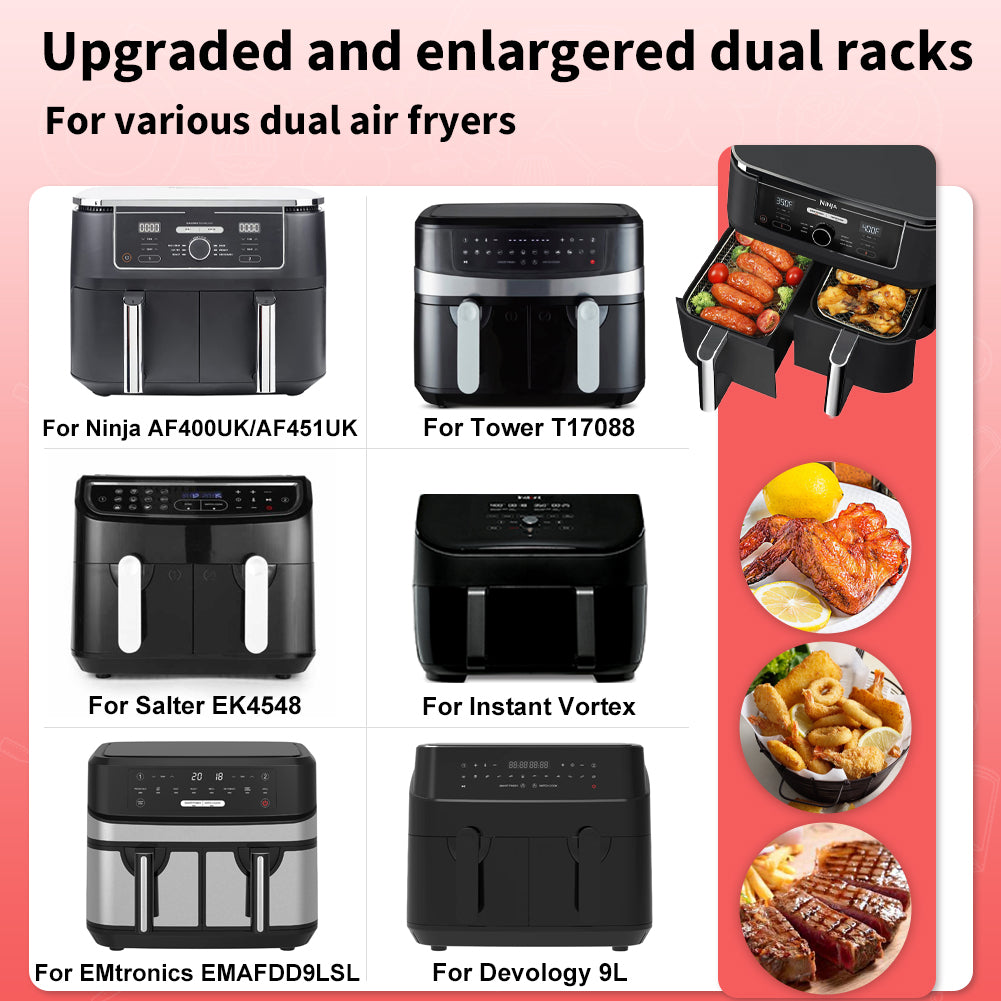 BYKITCHEN Air Fryer Racks, Large 304 Stainless Steel Rack with Clip, Air Fryer Accessories for Ninja Dual AF400UK/AF451UK 9.5L/Tower/Instant Vortex/EMtronics Double Drawer Fryers (2 Layers)