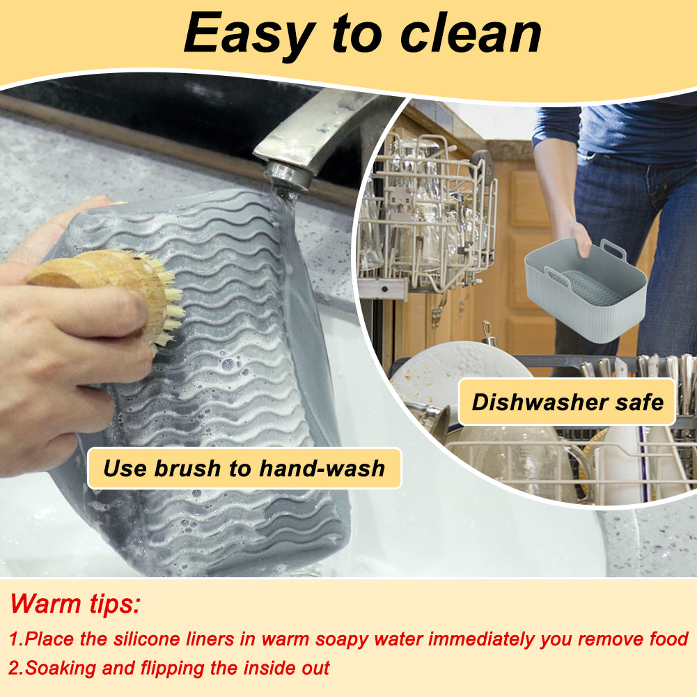 BYKITCHEN Silicone Air Fryer Liners for Ninja AF451UK/AF400UK 9.5L, Large Air Fryer Accessories for Tower T17088 9L / Instant Vortex Plus 8.5L/ Salter/EMtronics & Other Dual Air Fryer (2Pcs, Gray)
