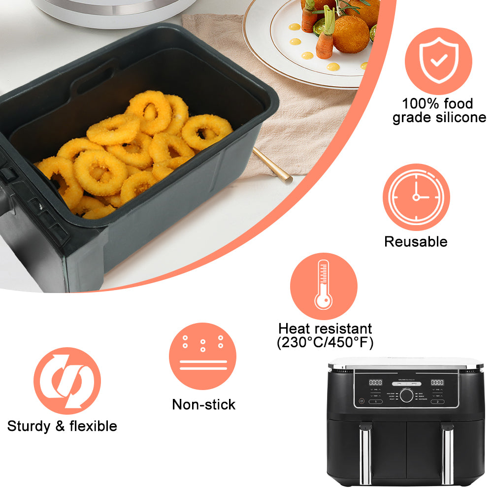 BYKITCHEN Silicone Air Fryer Liners for Ninja Dual 9.5L/Tower 9L/Instant Vortex/Salter, Large Air Fryer Accessories for Ninja AF451UK/AF400UK/EMtronics/Devology & Other 2 Drawer Air Fryer