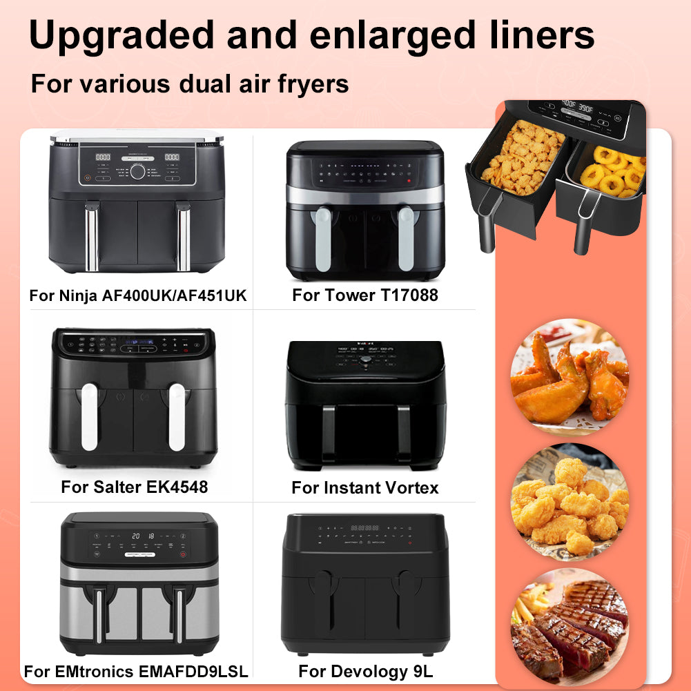 BYKITCHEN Silicone Air Fryer Liners for Ninja Dual 9.5L/Tower 9L/Instant Vortex/Salter, Large Air Fryer Accessories for Ninja AF451UK/AF400UK/EMtronics/Devology & Other 2 Drawer Air Fryer