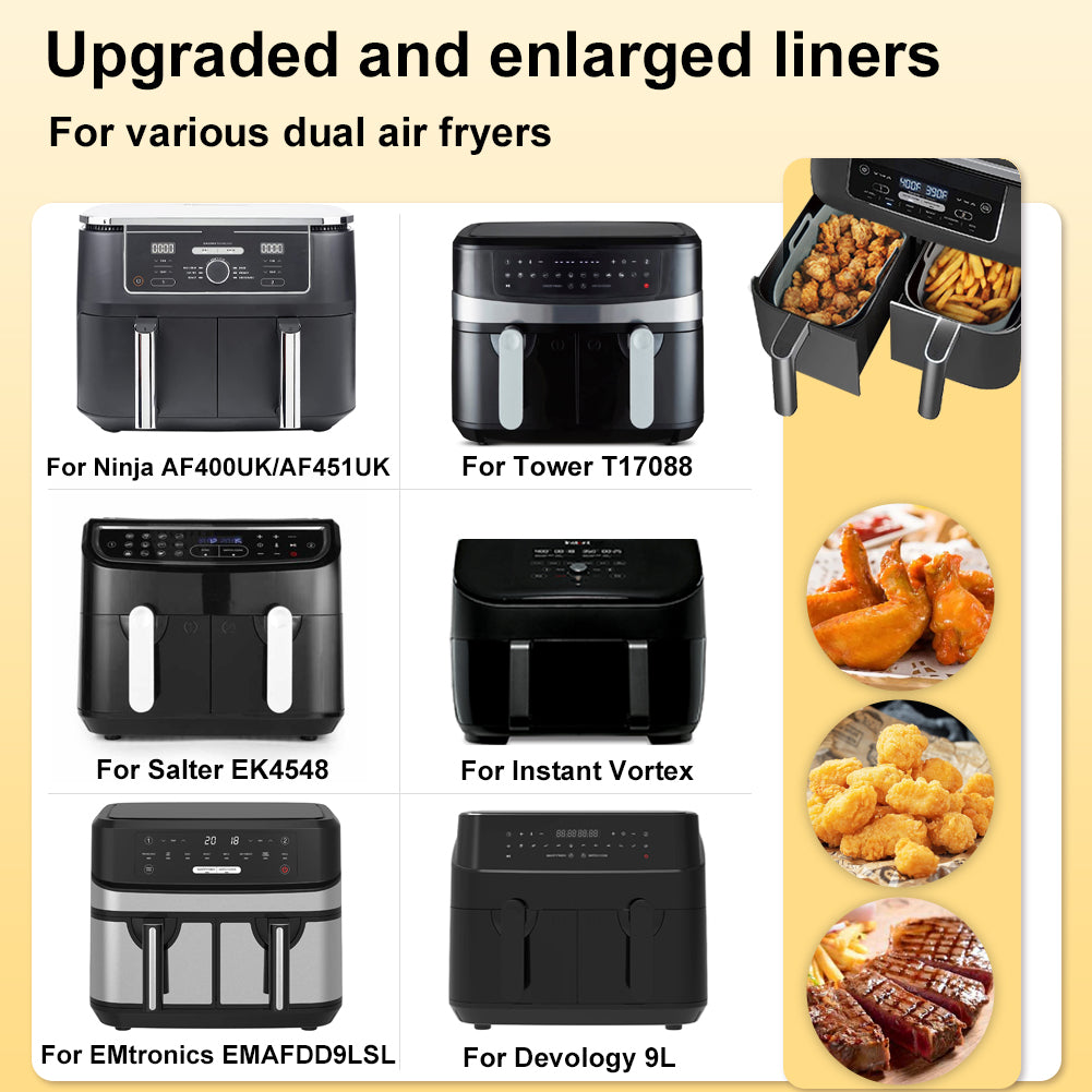 BYKITCHEN Silicone Air Fryer Liners for Ninja AF451UK/AF400UK 9.5L, Large Air Fryer Accessories for Tower T17088 9L / Instant Vortex Plus 8.5L/ Salter/EMtronics & Other Dual Air Fryer (2Pcs, Gray)