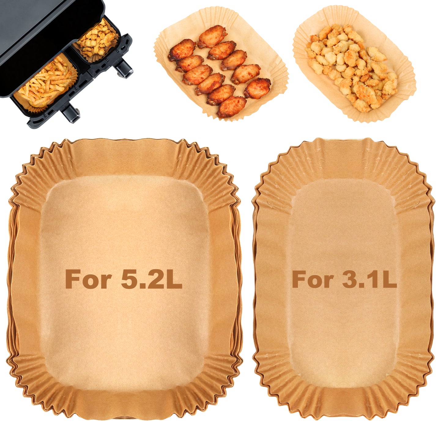BYKITCHEN Air Fryer Liners for Tefal 5.2L & 3.1L Dual Air Fryer, Disposable Paper Liners, Air Fryer Accessories for Tower/Lakeland/Salter and Other Large & Small 2 Drawer Basket Air Fryer (100PCS)