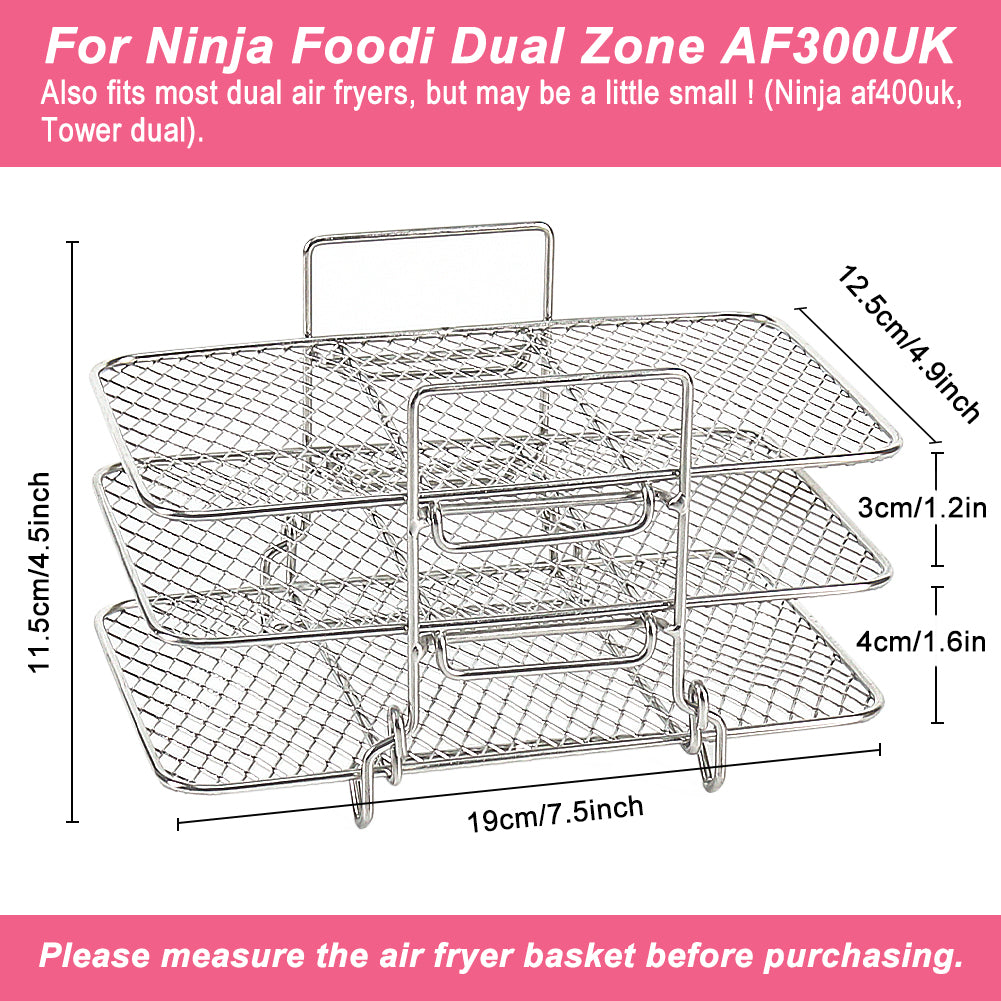 BYKITCHEN 2 PCS Air Fryer Racks for Tower/Ninja Dual AF400UK/AF451UK/AF500UK, Three Layer Stainless Steel, Air Fryer Accessories for Ninja 9.5L/Flex Drawer 10.4L / Instant/EMtronics 2 Drawer Fryer