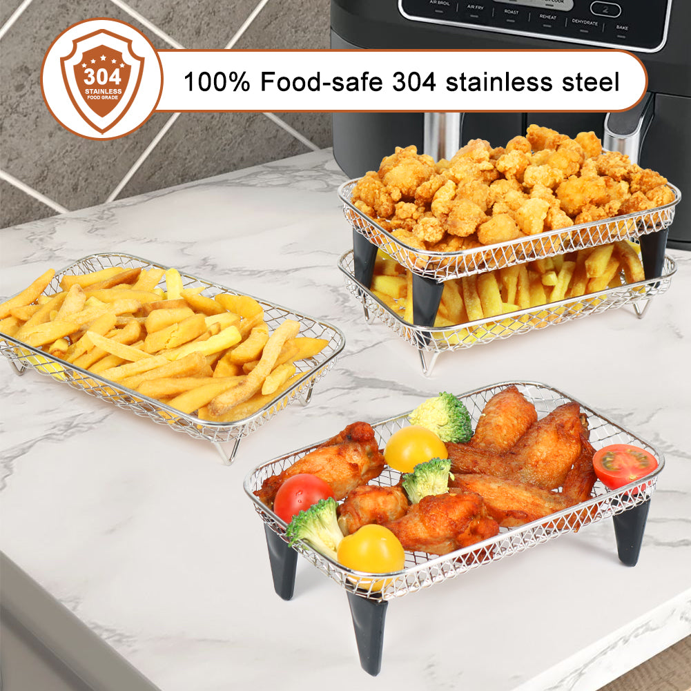 BYKITCHEN 4 Layers Air Fryer Racks with 8 Silicone Feet, Air Fryer Accessories for Ninja Dual AF400UK/AF451UK 9.5L, 304 Stainless Steel, Also Compatible with Tower/Instant/EMtronics 2 Drawer Fryer