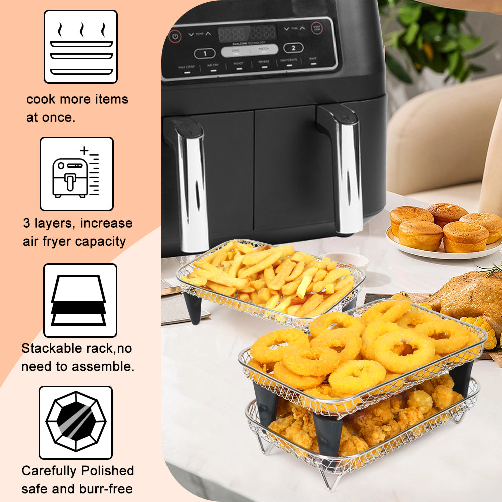 BYKITCHEN 4 Layers Air Fryer Racks with 8 Silicone Feet, Air Fryer Accessories for Ninja Dual AF400UK/AF451UK 9.5L, 304 Stainless Steel, Also Compatible with Tower/Instant/EMtronics 2 Drawer Fryer
