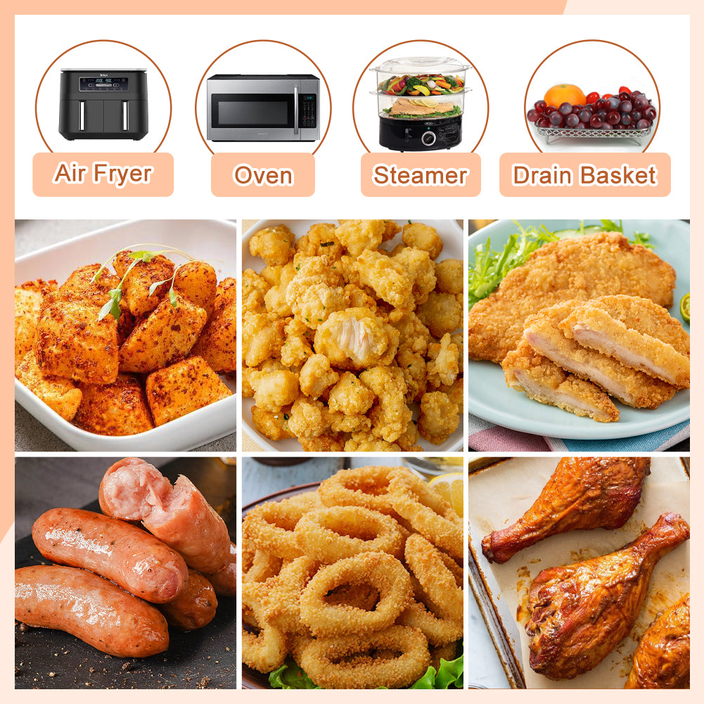 BYKITCHEN 4 Layers Air Fryer Racks with 8 Silicone Feet, Air Fryer Accessories for Ninja Dual AF400UK/AF451UK 9.5L, 304 Stainless Steel, Also Compatible with Tower/Instant/EMtronics 2 Drawer Fryer