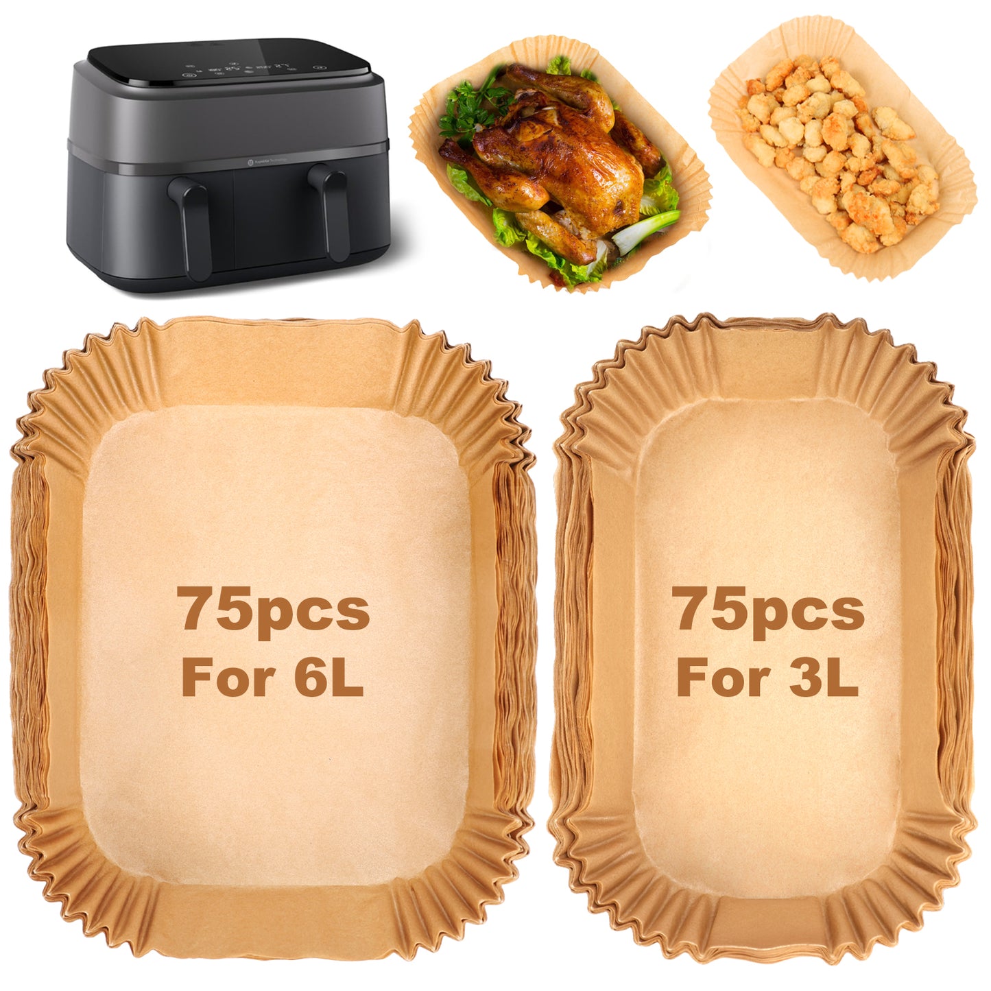 BYKITCHEN Air Fryer Liners for Philips Dual Air Fryer 3L & 6L, Tefal 5.2L & 3.1L, Cookwise 3L & 6L, Lakeland/Salter Dual Air Fryer (150PCS)