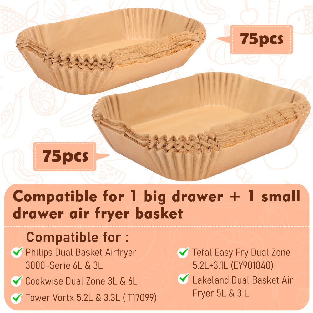 BYKITCHEN Air Fryer Liners for Philips Dual Air Fryer 3L & 6L, Tefal 5.2L & 3.1L, Cookwise 3L & 6L, Lakeland/Salter Dual Air Fryer (150PCS)