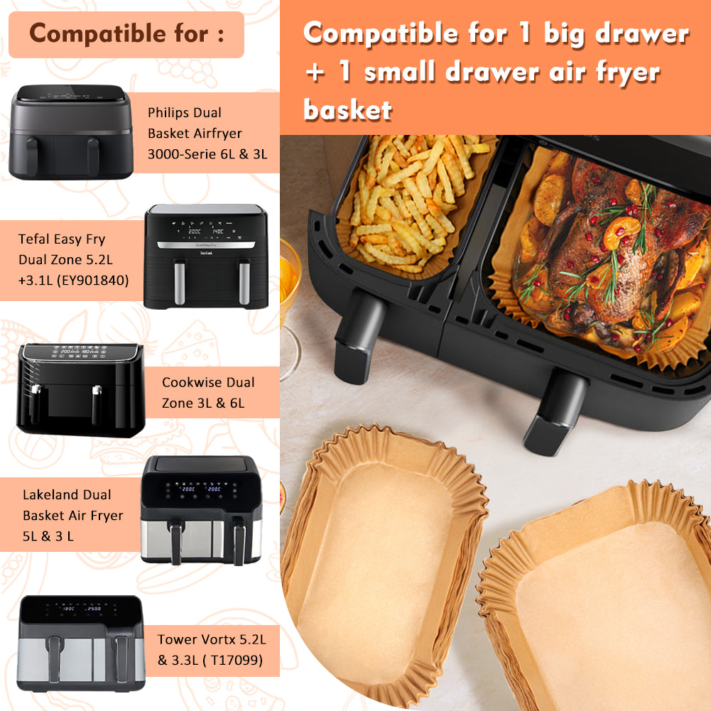 BYKITCHEN Air Fryer Liners for Philips Dual Air Fryer 3L & 6L, Tefal 5.2L & 3.1L, Cookwise 3L & 6L, Lakeland/Salter Dual Air Fryer (150PCS)