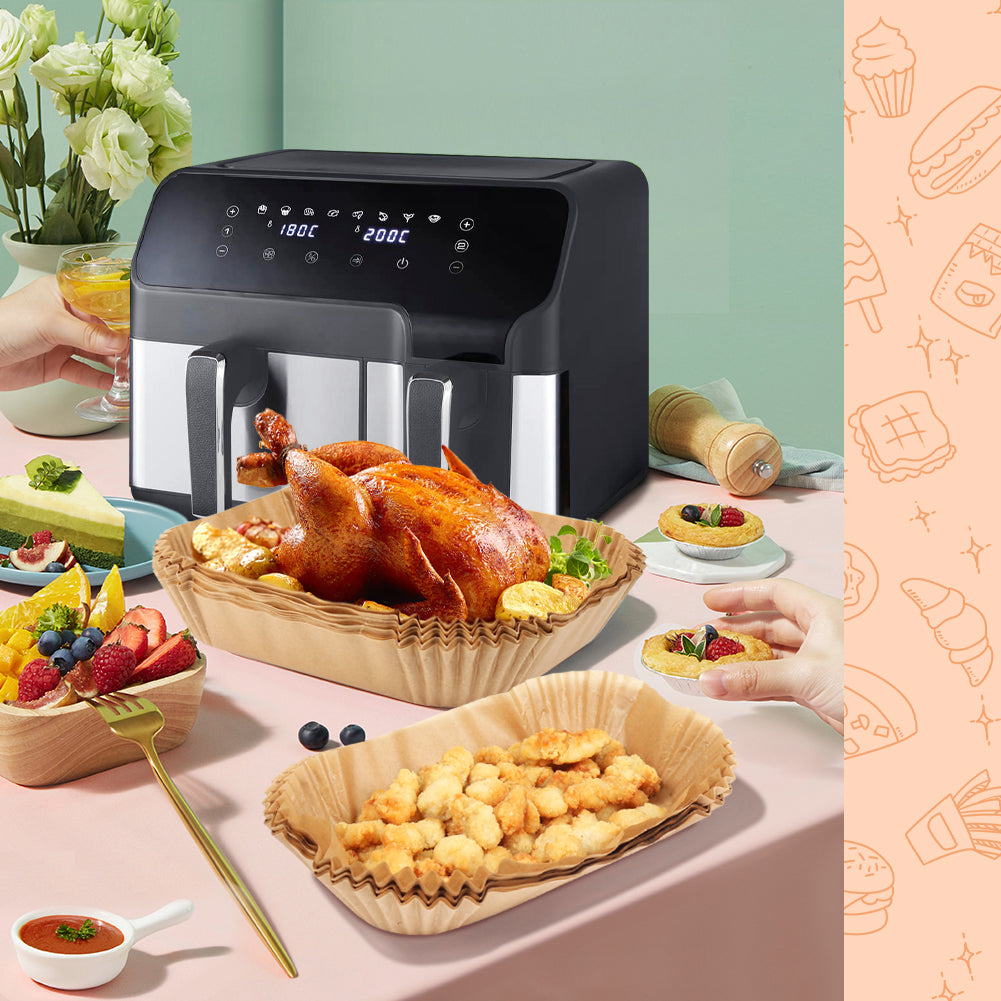 BYKITCHEN Air Fryer Liners for Tefal 5.2L & 3.1L Dual Air Fryer, Disposable Paper Liners, Air Fryer Accessories for Tower/Lakeland/Salter and Other Large & Small 2 Drawer Basket Air Fryer (100PCS)