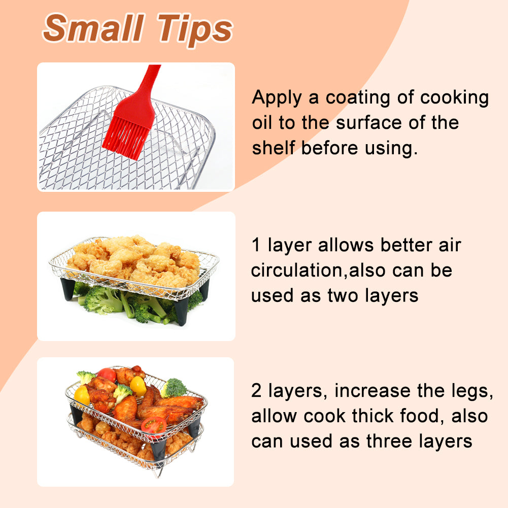 BYKITCHEN 4 Layers Air Fryer Racks with 8 Silicone Feet, Air Fryer Accessories for Ninja Dual AF400UK/AF451UK 9.5L, 304 Stainless Steel, Also Compatible with Tower/Instant/EMtronics 2 Drawer Fryer