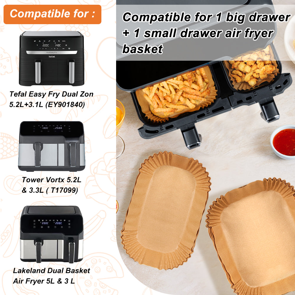 BYKITCHEN Air Fryer Liners for Tefal 5.2L & 3.1L Dual Air Fryer, Disposable Paper Liners, Air Fryer Accessories for Tower/Lakeland/Salter and Other Large & Small 2 Drawer Basket Air Fryer (100PCS)