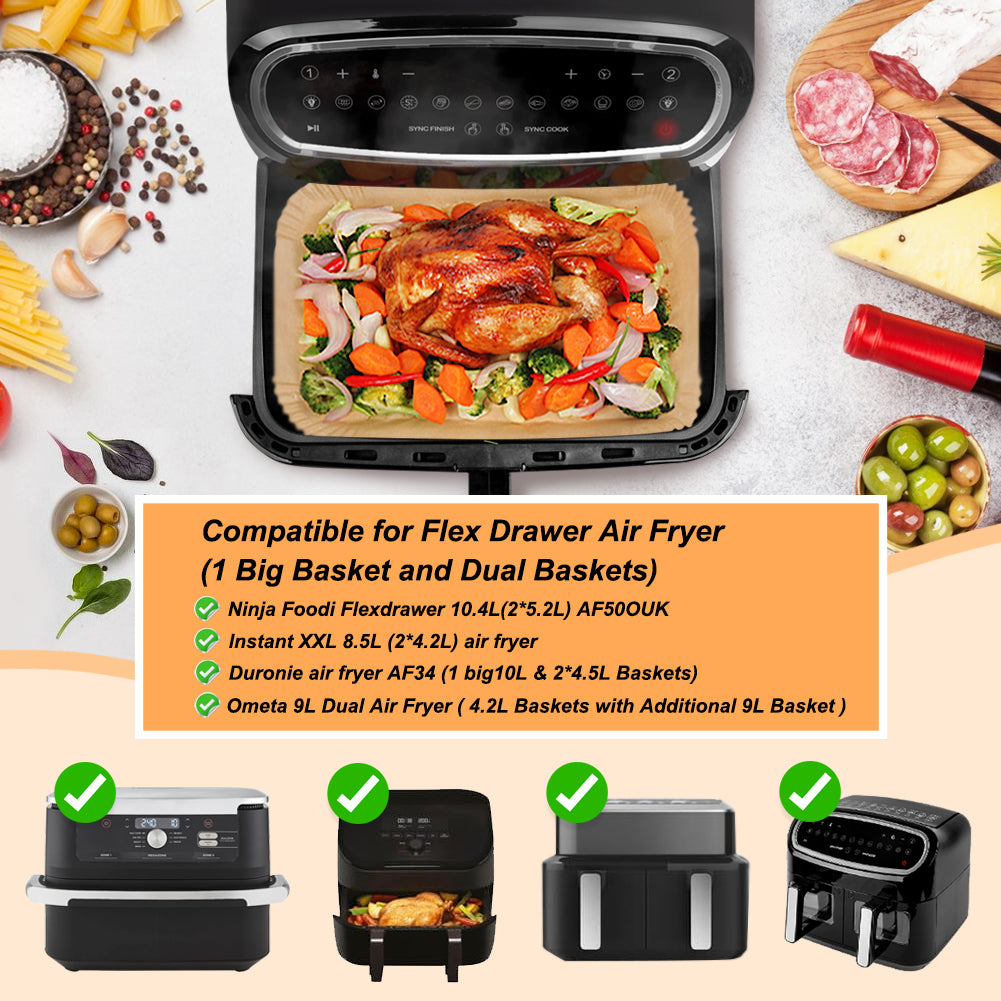 BYKITCHEN Air Fryer Liners for Ninja AF500UK AF500UKCP 10.4L, 100Pcs Air Fryer Accessories for Ninja Flex Drawer Megazone, Compatible for Duronic 10L /Instant 8.5L, Extra Large Parchemnt Paper Liners