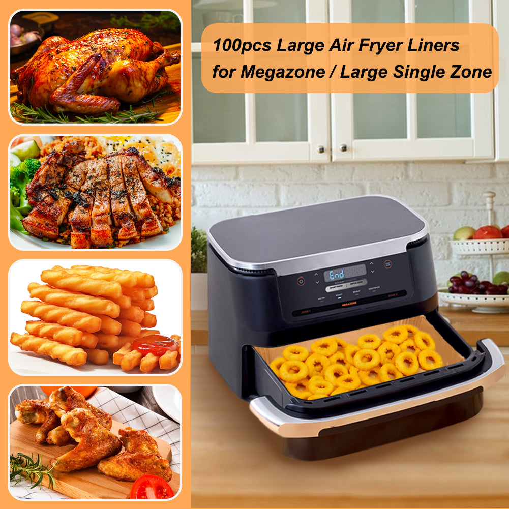 BYKITCHEN Air Fryer Liners for Ninja AF500UK AF500UKCP 10.4L, 100Pcs Air Fryer Accessories for Ninja Flex Drawer Megazone, Compatible for Duronic 10L /Instant 8.5L, Extra Large Parchemnt Paper Liners