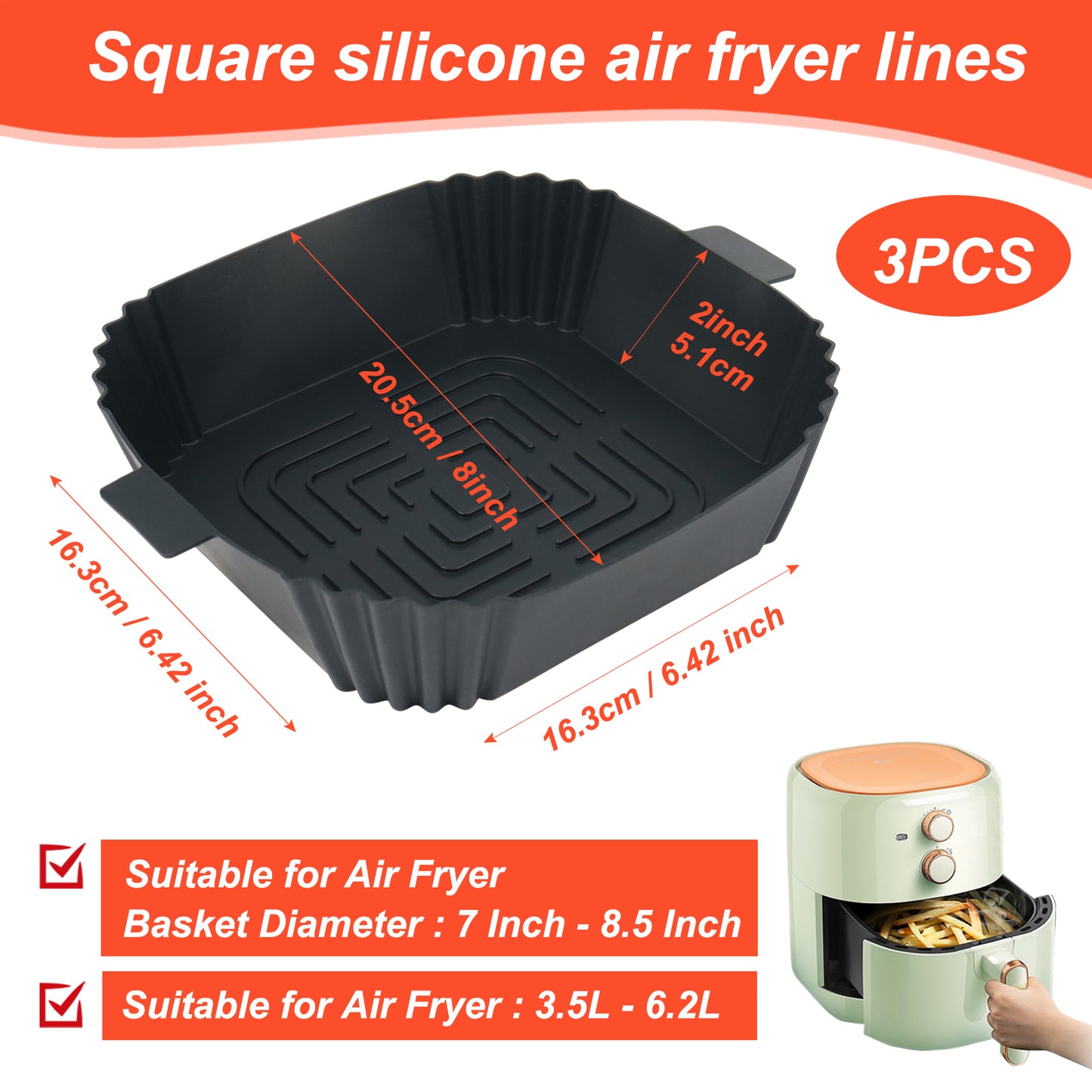 BYKITCHEN 3 Pack Air fryer Liners Silicone, Square Air Fryer Liners for Ninja MAX PRO 6.2L/Ninja Pro 4.7L, Air Fryer Accessories for COSORI 3.8L/4.7L/5.5L, Instant 3.8L, Tefal 4.2L/5L Airfryer (Black)