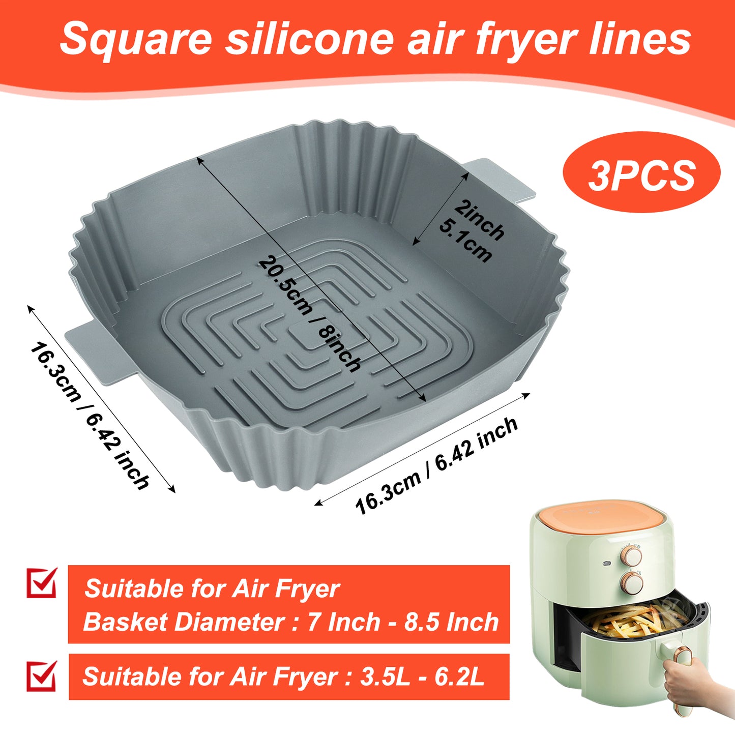 BYKITCHEN Air Fryer Liners Silicone, 3 Pack 8 Inch Square Air Fryer Liners for Ninja Air Fryer MAX PRO 6.2L, Air Fryer Accessories for COSORI 3.8L/4.7L/5.5L, Instant 3.8L, Tefal 4.2L/5L Air Fryer