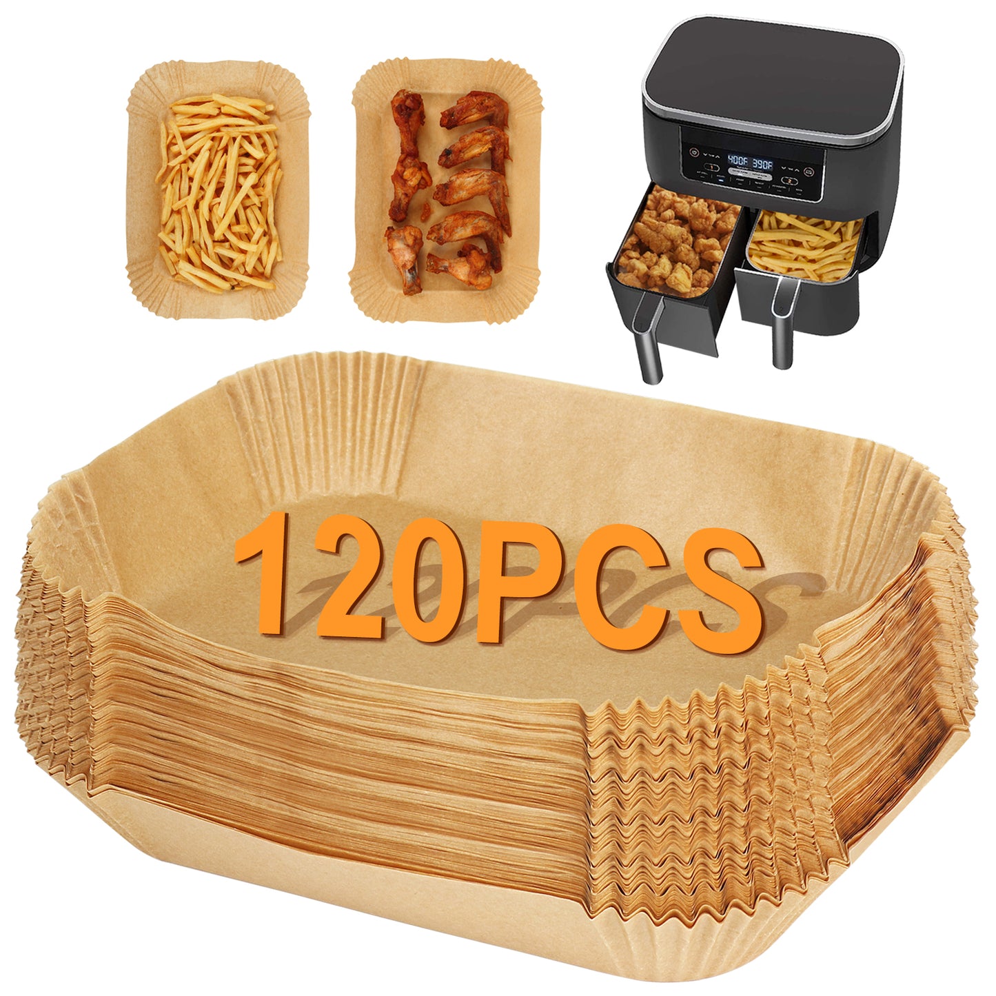 BYKITCHEN Air Fryer Liners for Ninja Dual Air Fryer, Set of 120, Rectangle Disposable Air Fryer Liners Compatible with Ninja DZ201/DZ401/DZ550/SL401, Instant Vortex and Other DualZone Airfryer