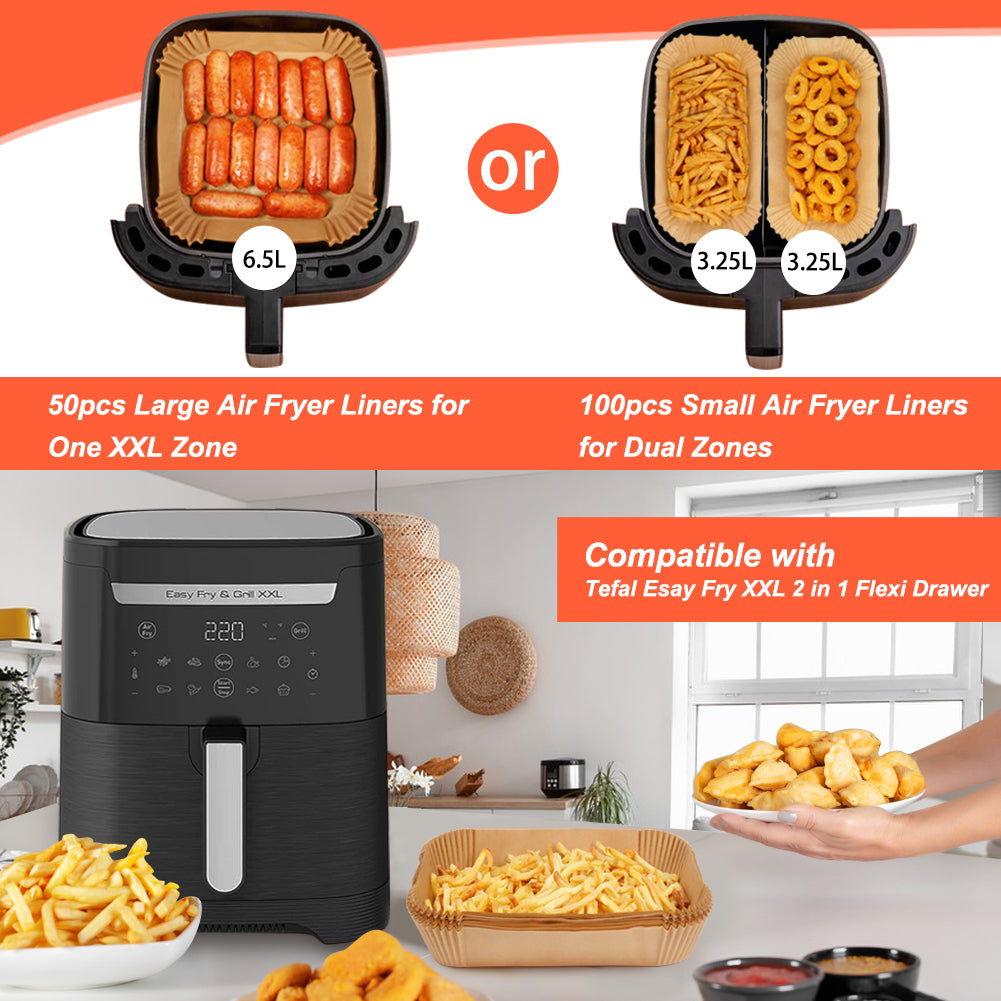 BYKITCHEN 150pcs Air Fryer Liners for Tefal Easy Fry 6.5L or 3.25L x2 Dual Air Fryer, Paper Liners Disposable, Air Fryer Accessories for Tefal Flexi Drawer Air Fryer EY801827