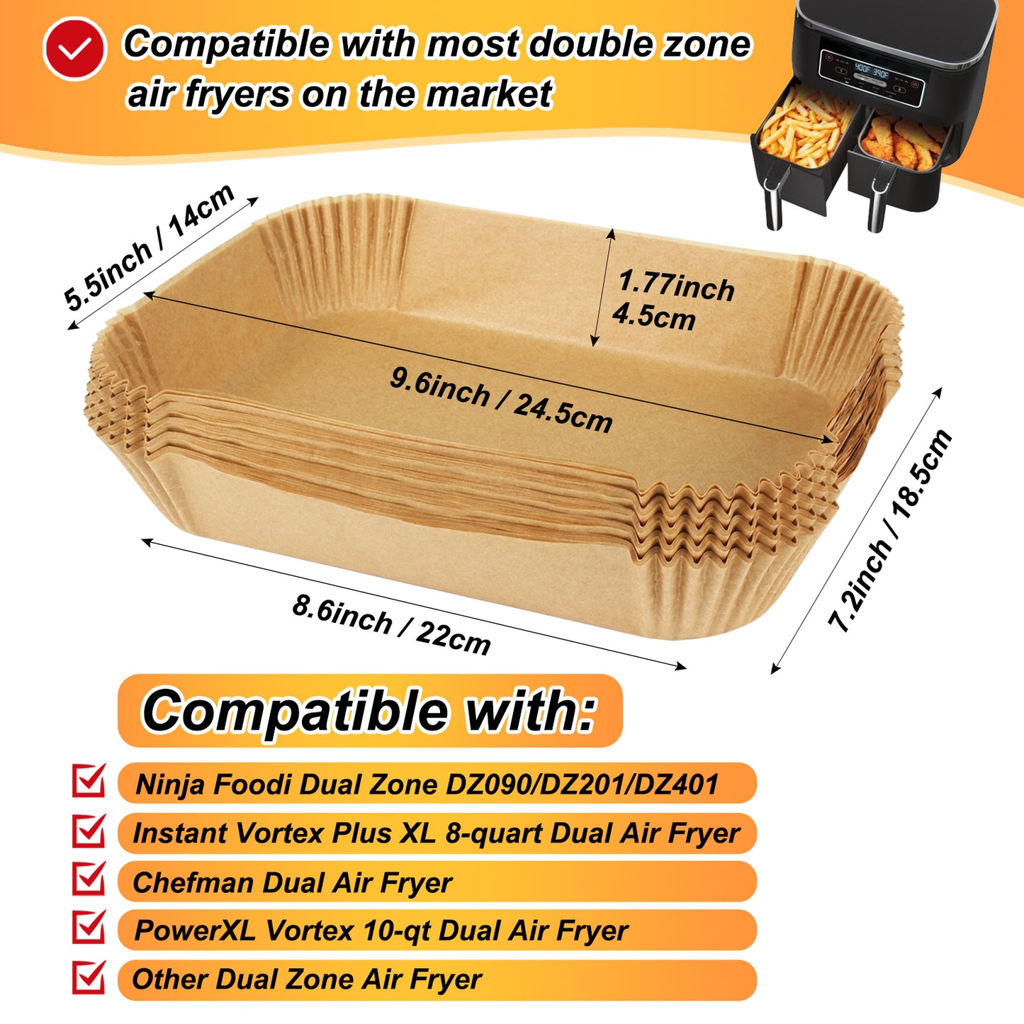 BYKITCHEN Air Fryer Liners for Ninja Dual Air Fryer, Set of 120, Rectangle Disposable Air Fryer Liners Compatible with Ninja DZ201/DZ401/DZ550/SL401, Instant Vortex and Other DualZone Airfryer