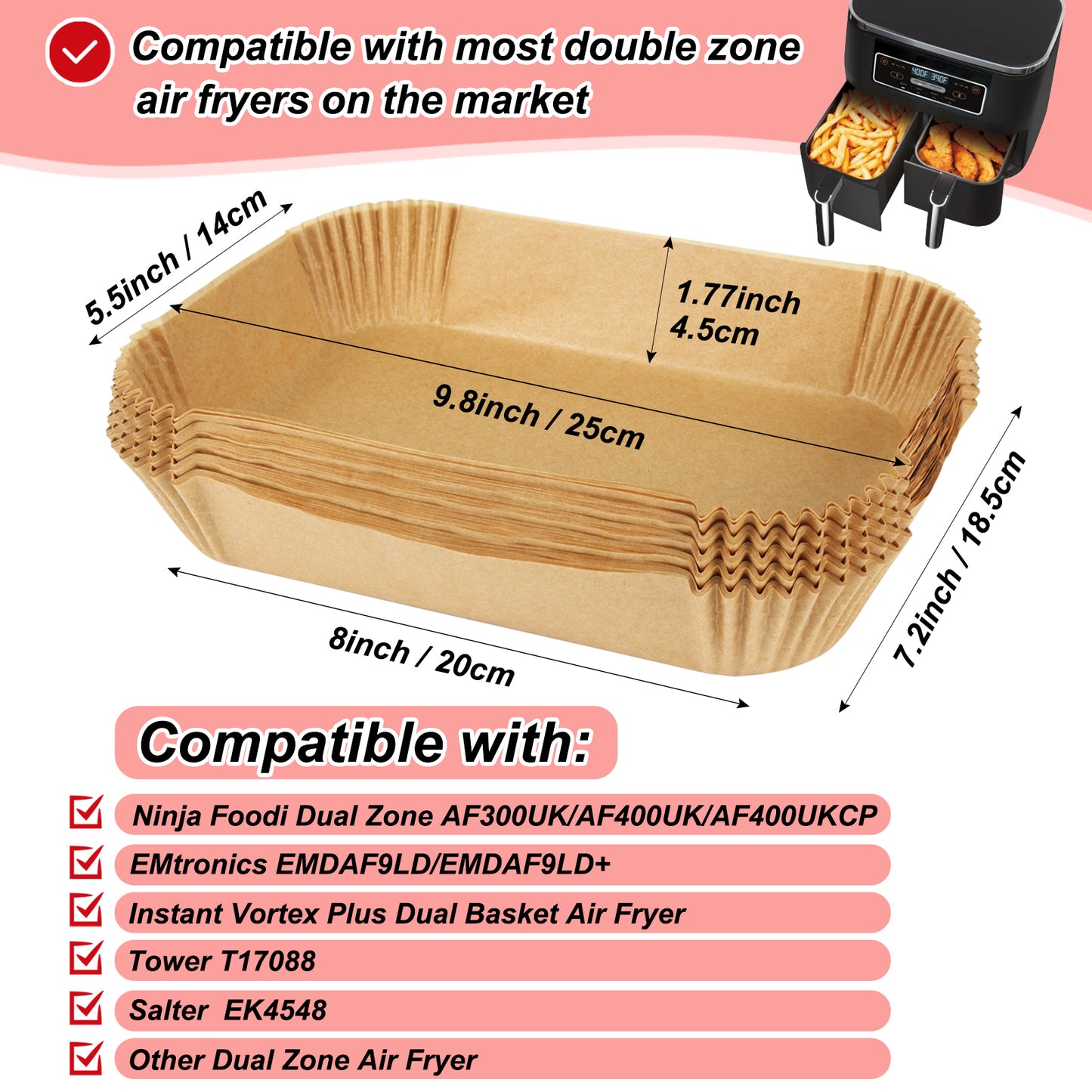 BYKITCHEN 150 PCS Air Fryer Liners for Ninja Dual, Air Fryer Accessories for AF300UK/AF400UK, Rectangle Parchment Paper for Ninja Foodi,Tower, Salter and Other 7.6L to 9.5L Dual Zone Air Fryer