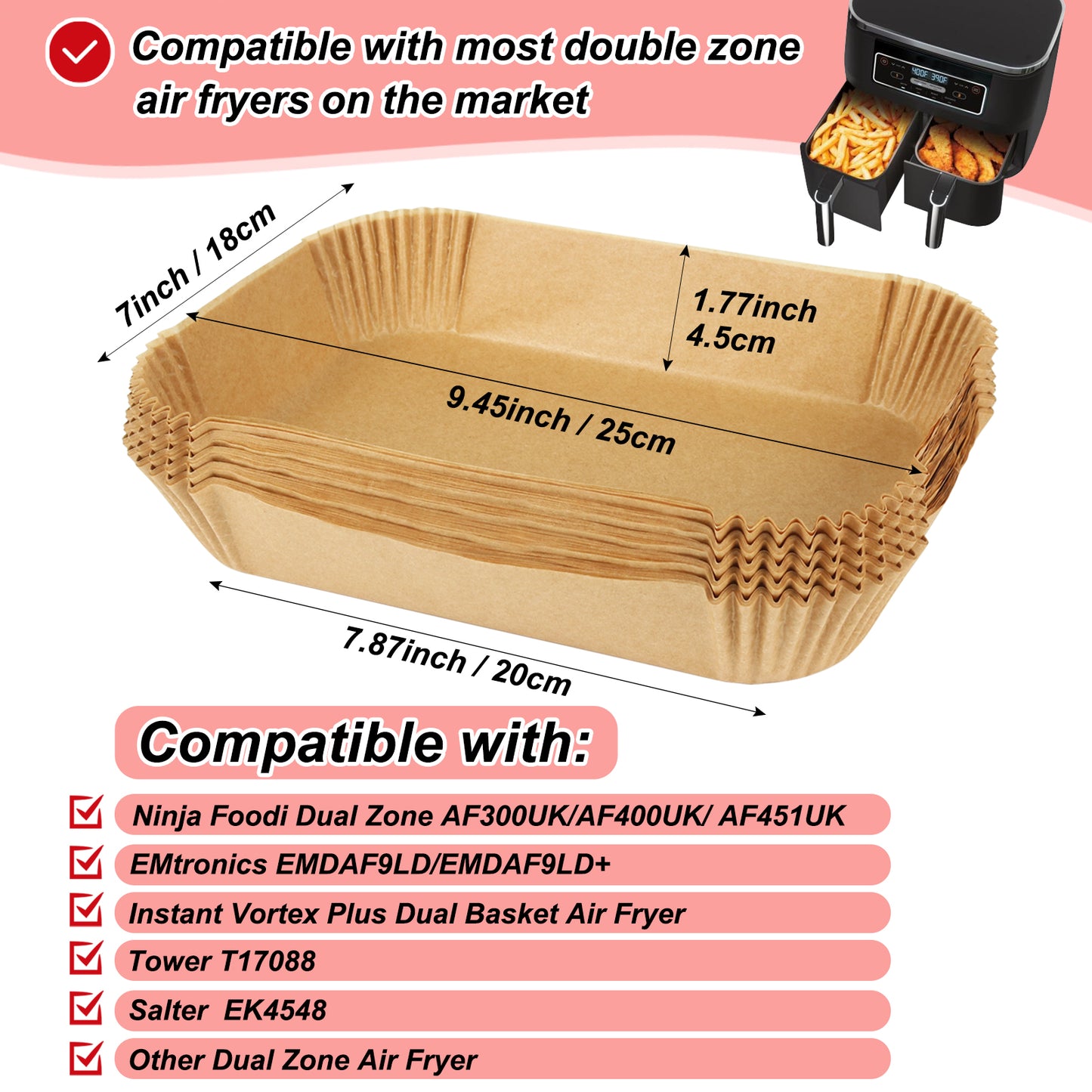 BYKITCHEN 100pcs Air Fryer Liners for Ninja Dual, Air Fryer AF300UK AF400UK Accessories, Disposable Air Fryer Parchment Paper Liner, Compatible with Ninja, Salter, Tower and Other Dual Zone Air Fryer
