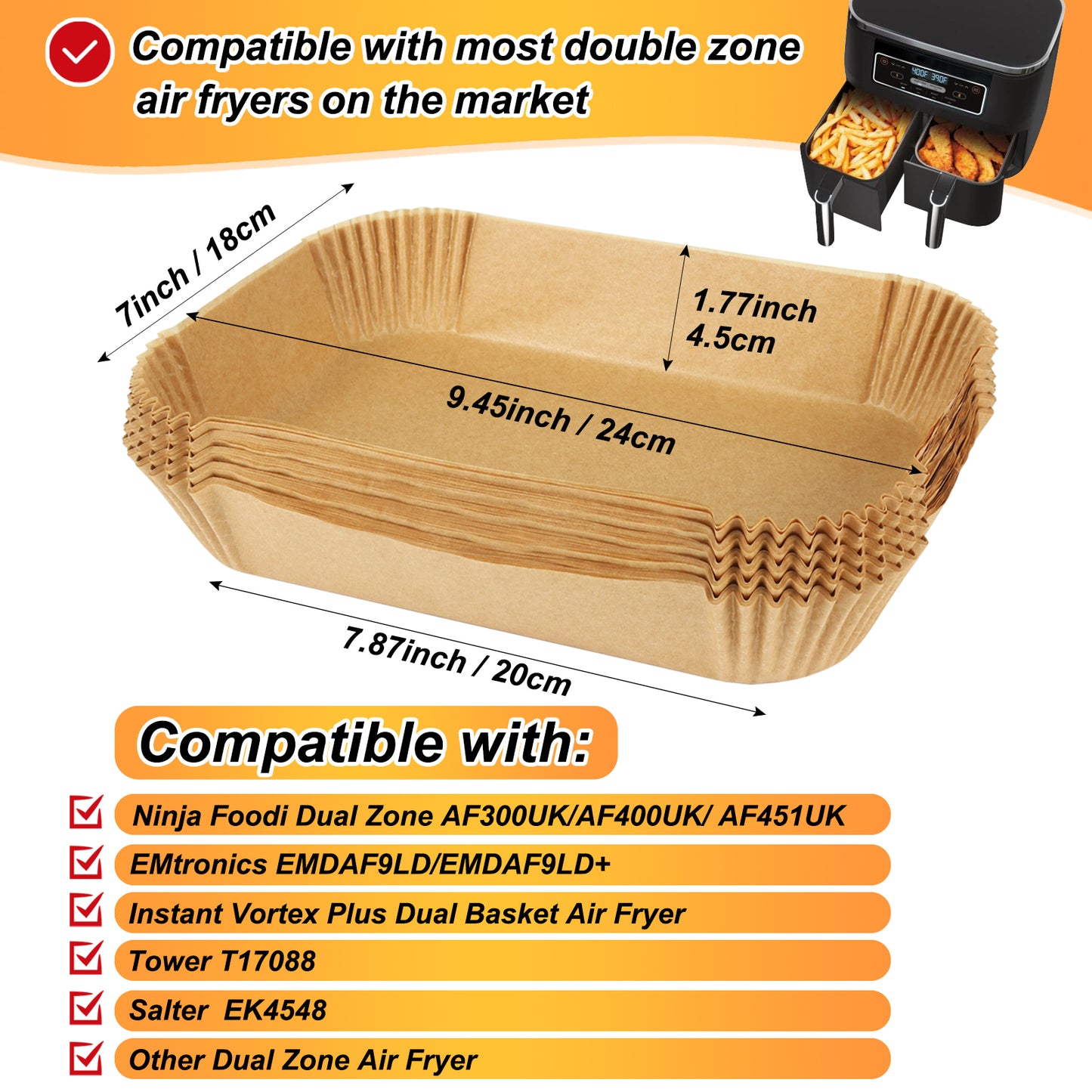 BYKITCHEN 120 PCS Air Fryer Liners Disposable for Tower/Ninja Dual, Air Fryer Accessories for Ninja AF300UK/AF400UK/ Foodi Max AF451UK & Other 7.6L/9L/9.5L 2 Drawer Air Fryer