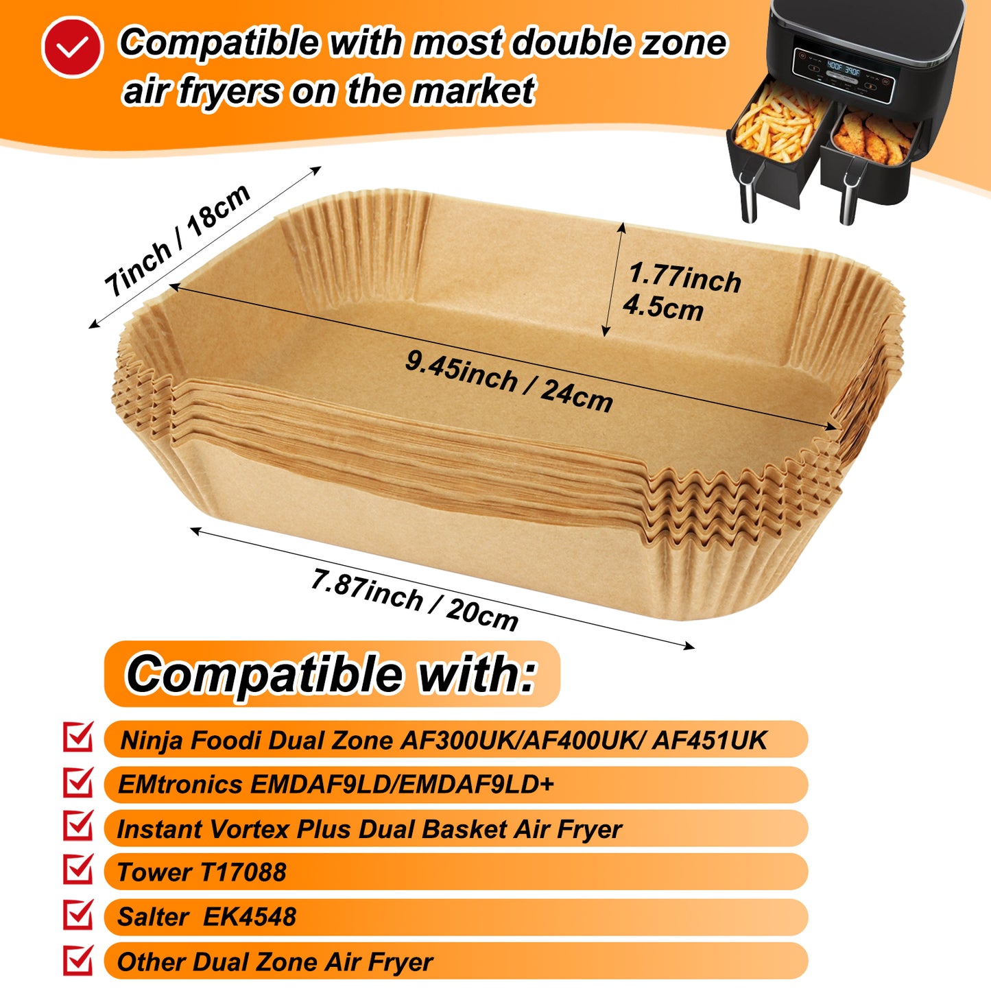 BYKITCHEN 200 PCS Air Fryer Liners for Tower 9L / Ninja Dual 9.5L/Instant Vortex/Salter, Air Fryer Accessories for AF300UK 7.6L/AF400UK/AF451UK/EMtronics/Devology & Other 2 Drawer Air Fryer