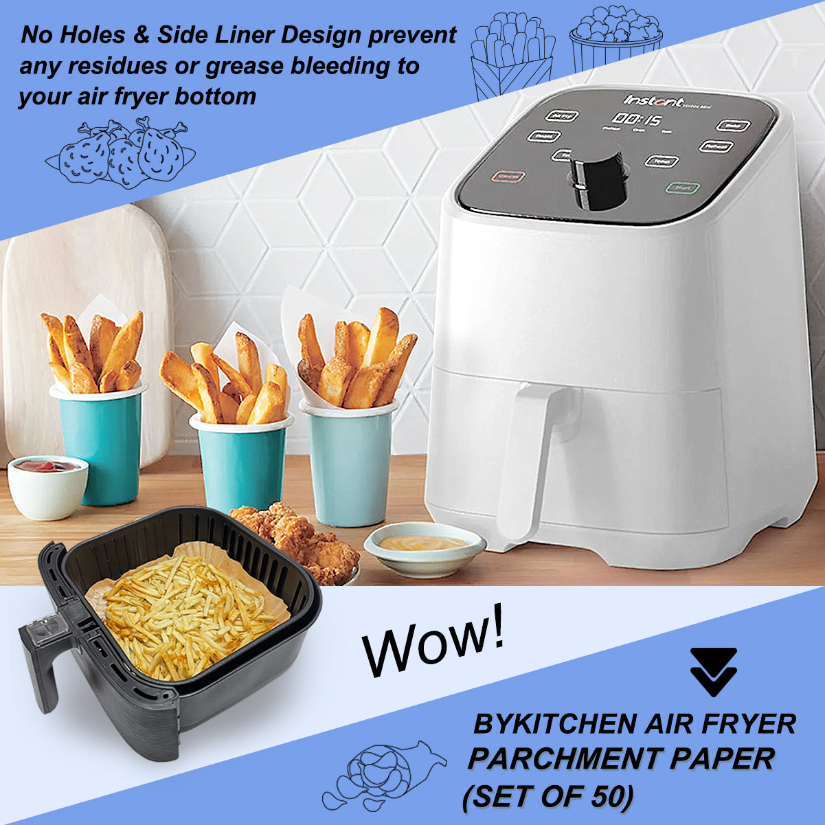 BYKITCHEN Air Fryer Paper Liners, 9 Inch Large Square Air Fryer Liners Disposable, Nonstick Air Fryer Parchment Paper Liners, Compatible with COSORI, Ninja, Tower (Unbleached, 50PCS)