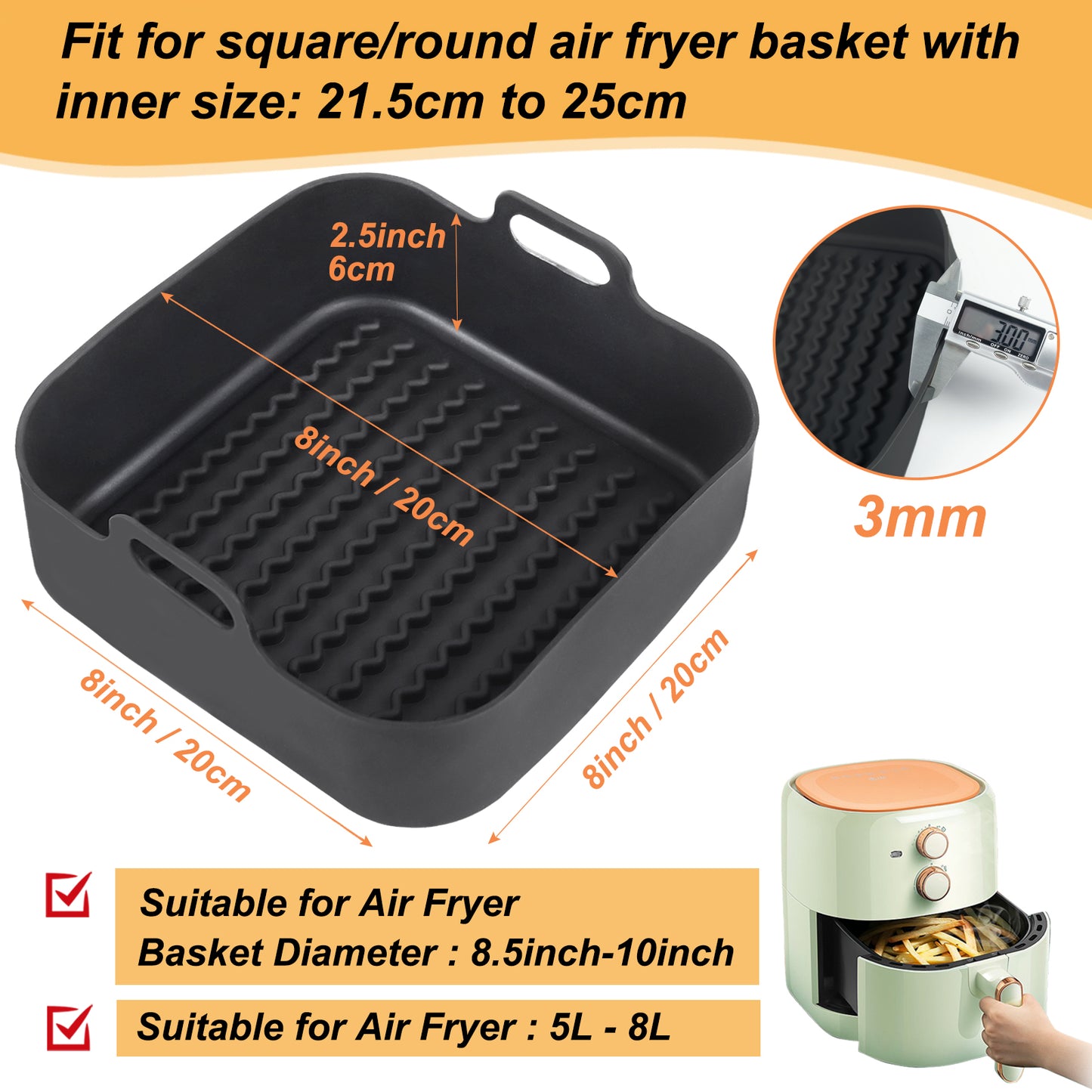 BYKITCHEN Air Fryer Liner Silicone, 8 Inch Thick Reusable Air Fryer Liner, Square Liner for Air Fryer Basket, Air Fryer Accessories for COSORI, Ninja Speedi, Instant vortex, Gourmia Air Fryer